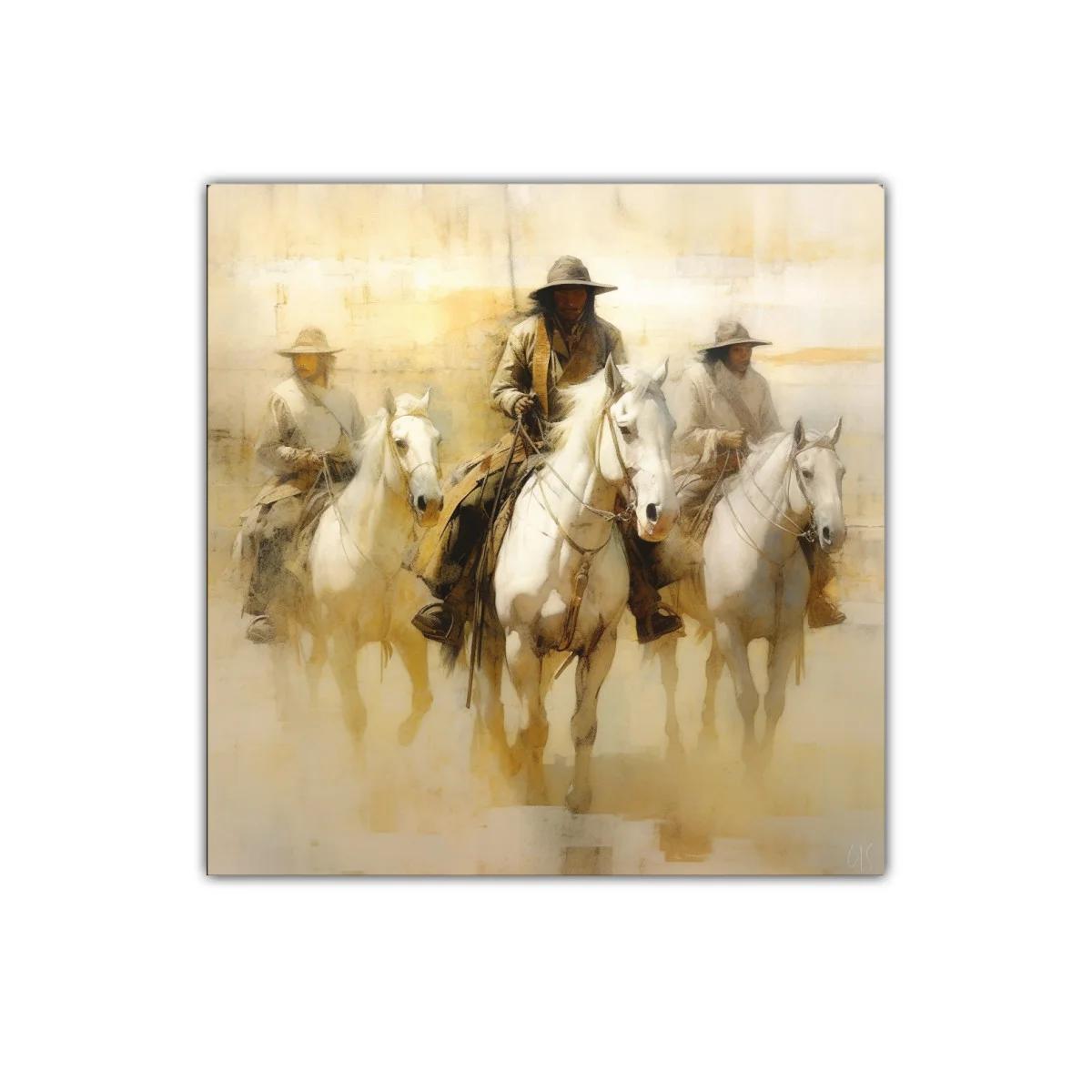 Cuadro decorativo con jinetes y caballos en tonos cálidos