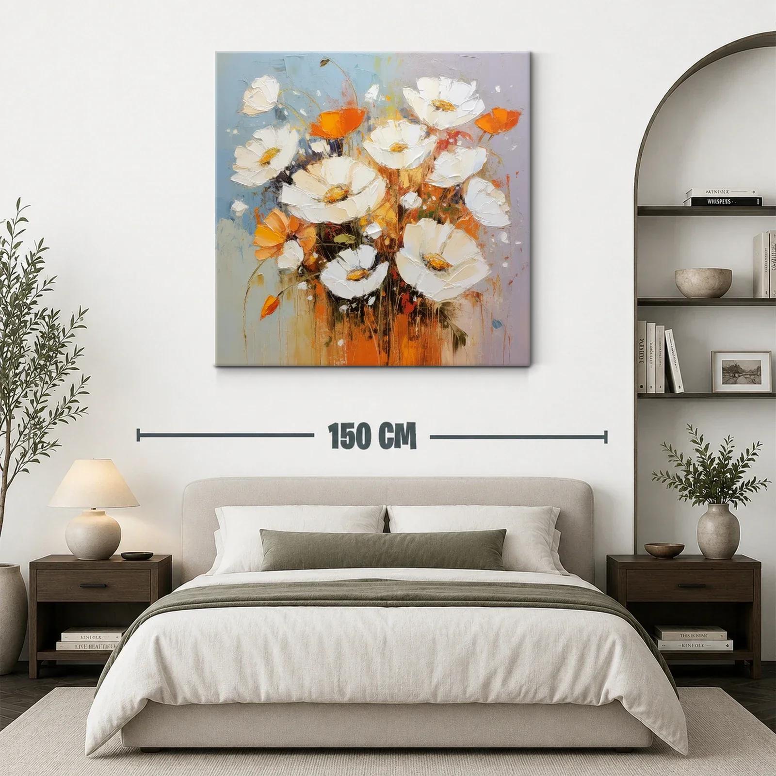 Cuadro de flores blancas y naranjas con toque abstracto — miniatura 3