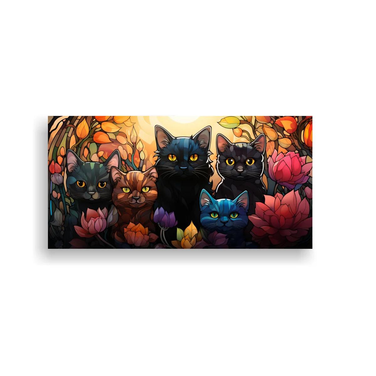 Cuadro grupo de gatos negros con resplandor y follaje curvo
