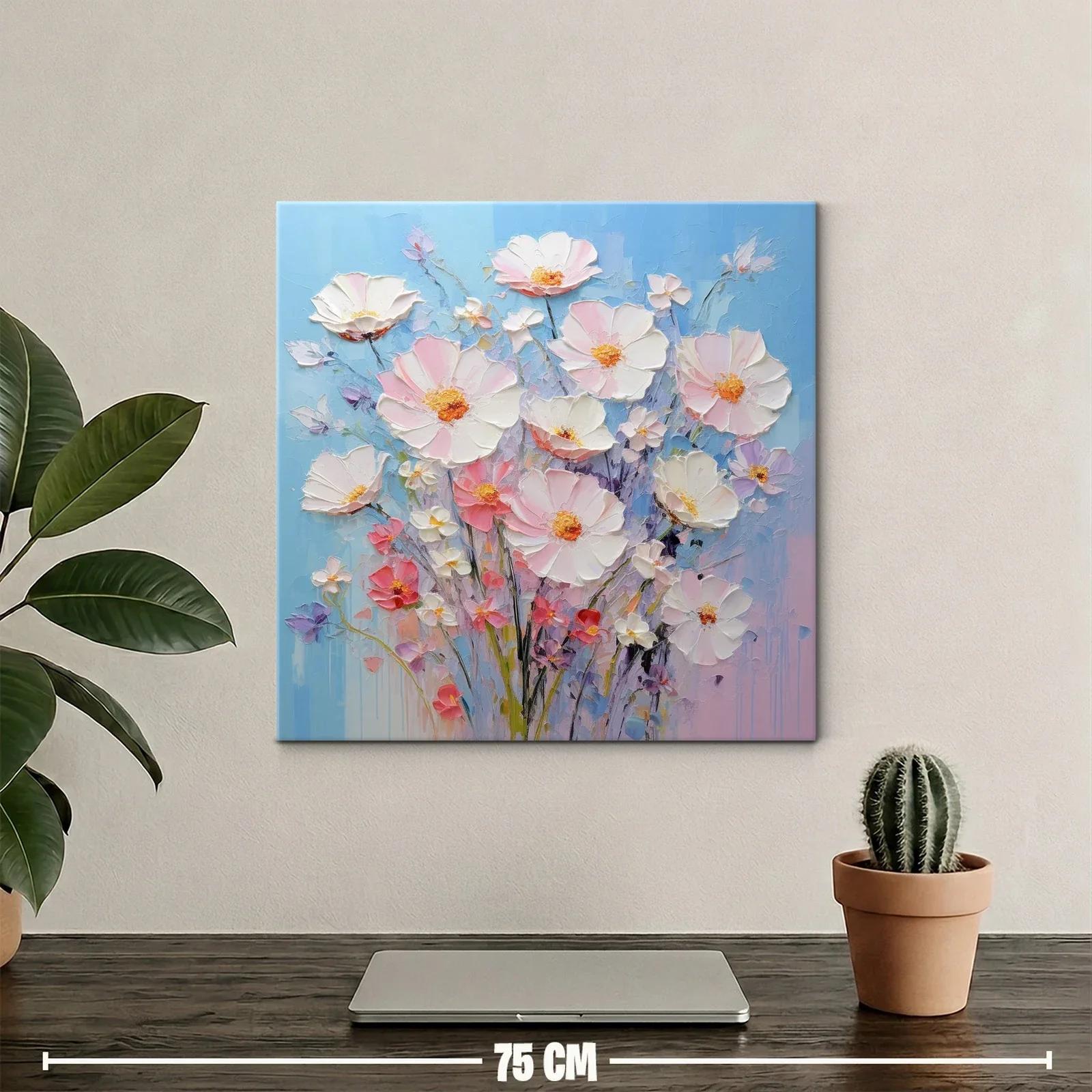 Cuadro ramo de flores delicadas en tonos pastel y fondo azul — miniatura 2