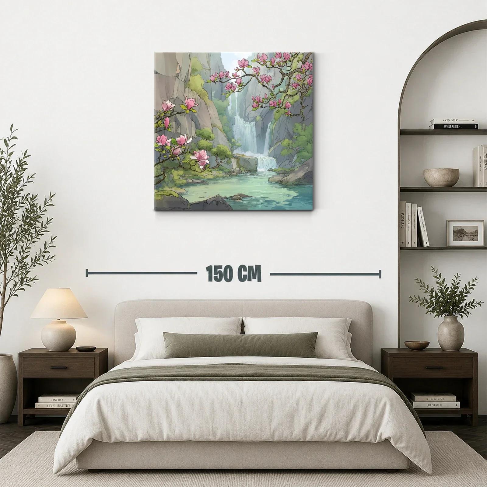 Paisaje sereno con cascada y flores rosadas en ribera — miniatura 3