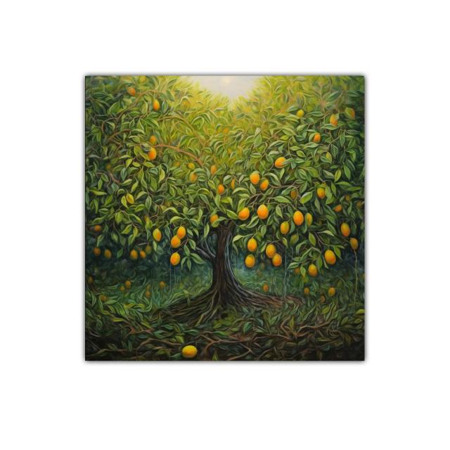 Cuadro árbol frutal con tonos verdes y naranjas vibrantes