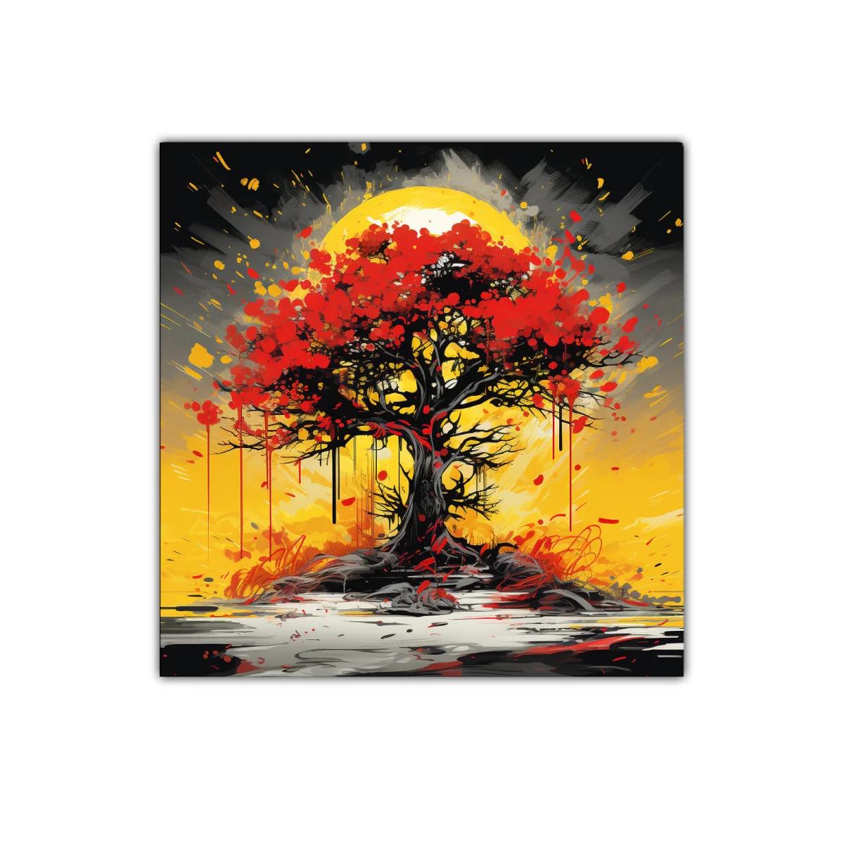 Árbol rojo vibrante con fondo amarillo intenso — imagen principal