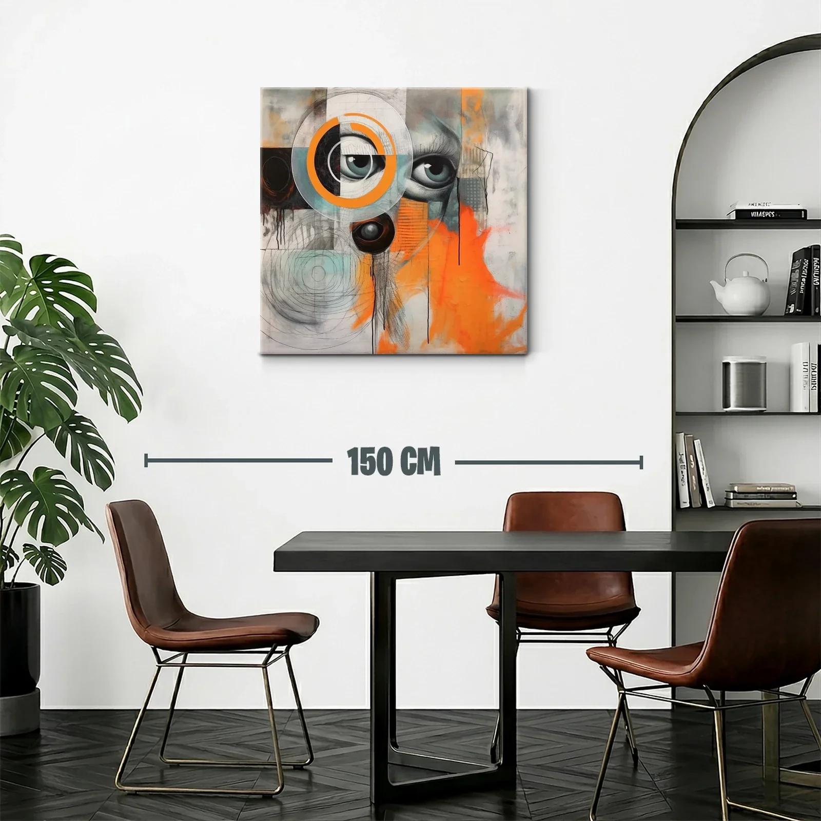 Cuadro abstracto con ojos y detalles geométricos en tonos vibrantes — miniatura 2