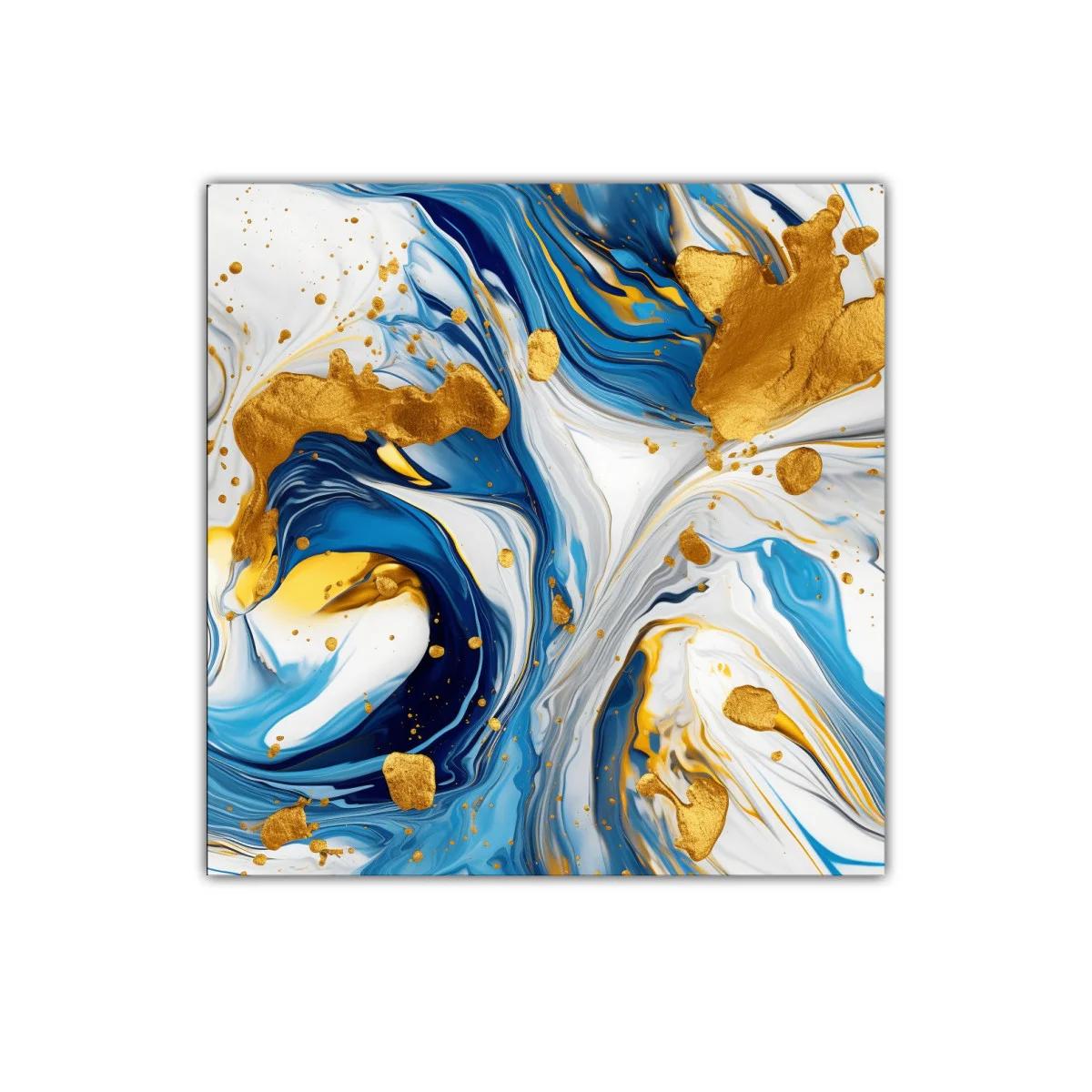 Cuadro abstracto con tonos azules y detalles dorados vibrantes