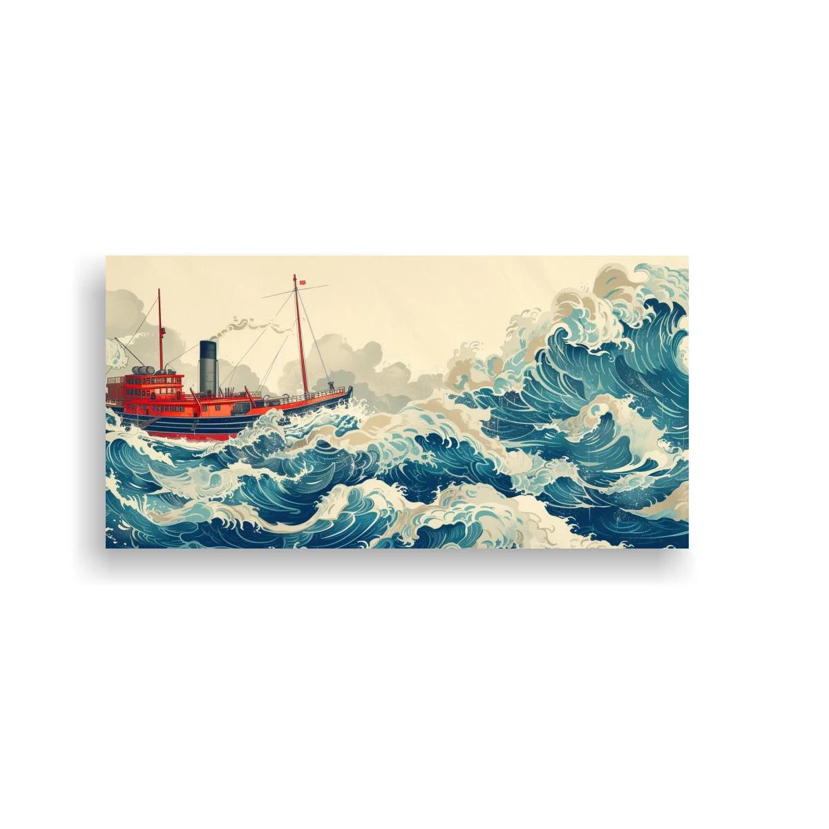 Cuadro barco pesquero rojo entre olas azules