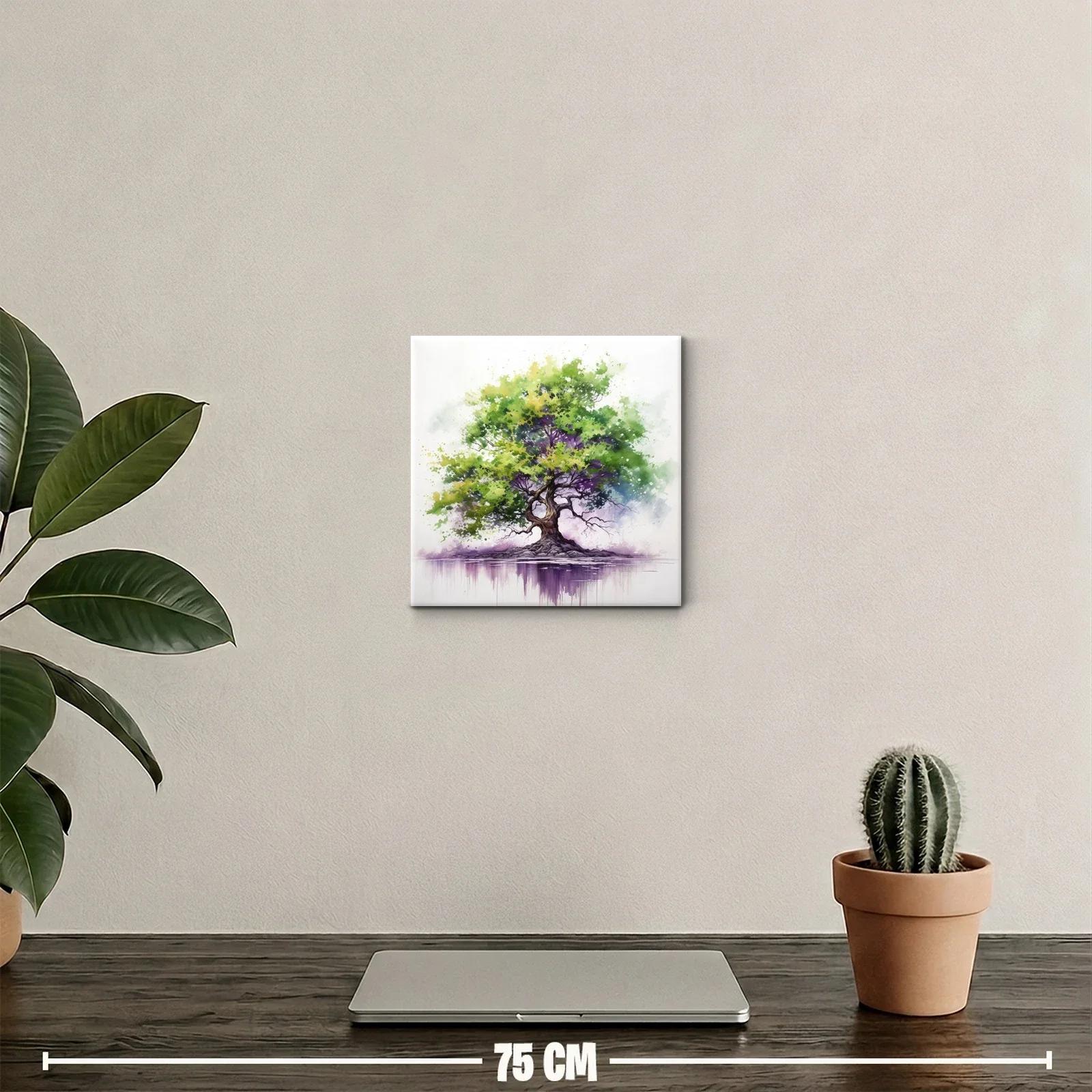 Árbol vibrante con tonos verdes y morados sobre reflejo acuático — miniatura 2
