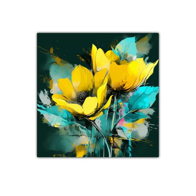 Cuadro decorativo con flores amarillas y hojas turquesas