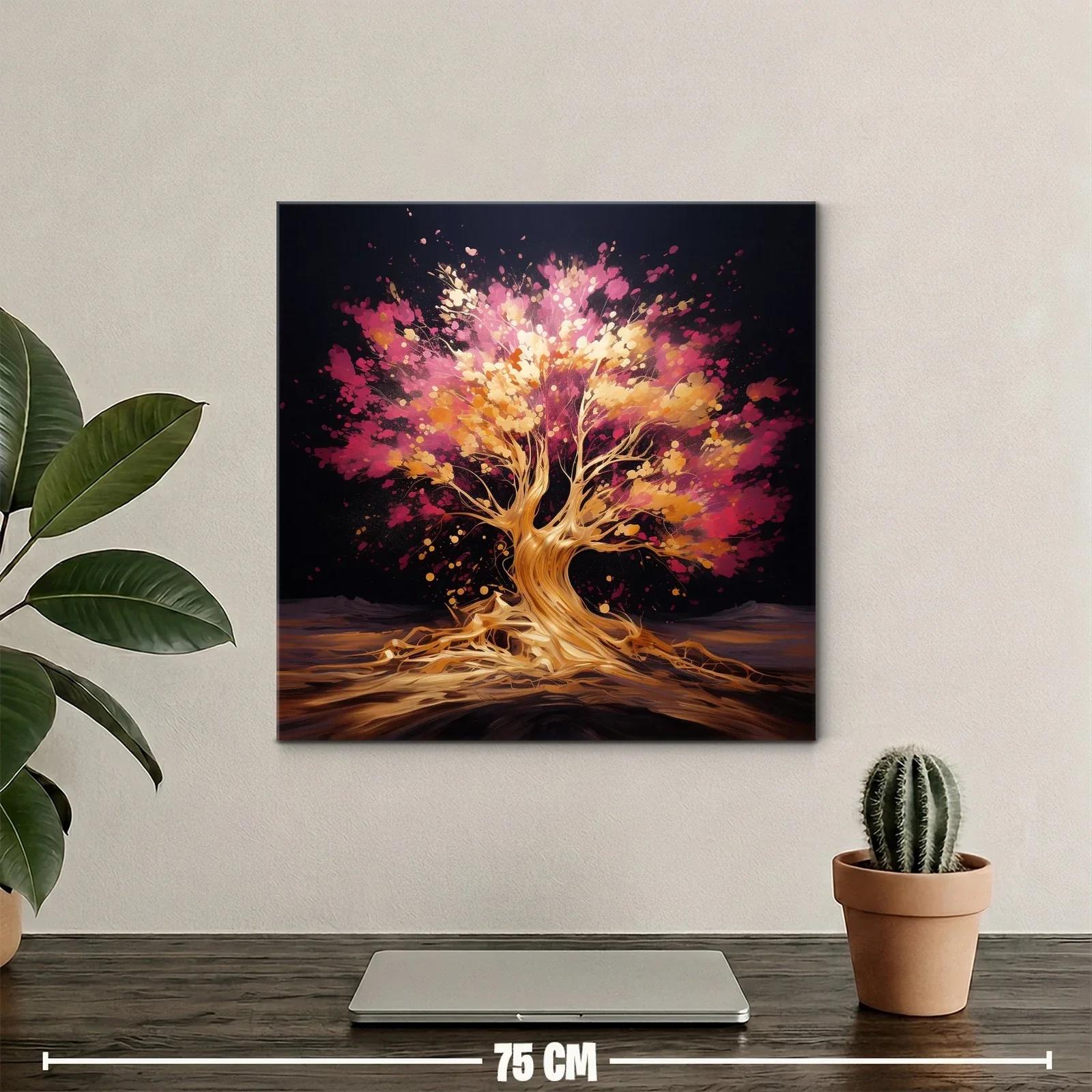 Árbol vibrante con tonos dorados y rosas en fondo oscuro — miniatura 2