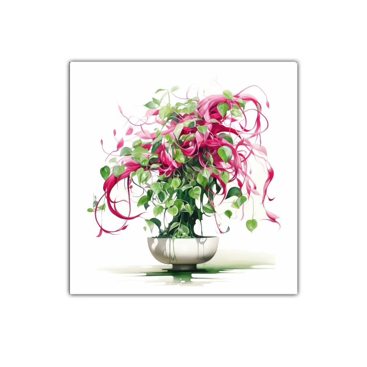 Cuadro con ramo vibrante de hojas verdes y rosas — imagen principal