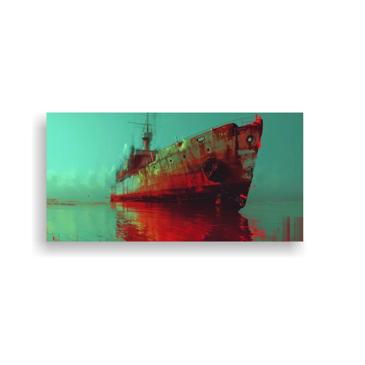Cuadro barco oxidado con reflejo rojizo