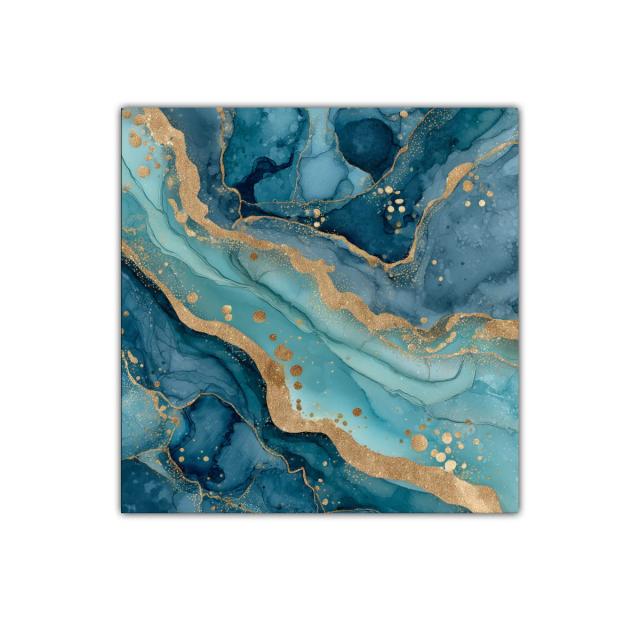 Cuadro abstracto con tonos azules y detalles dorados brillantes