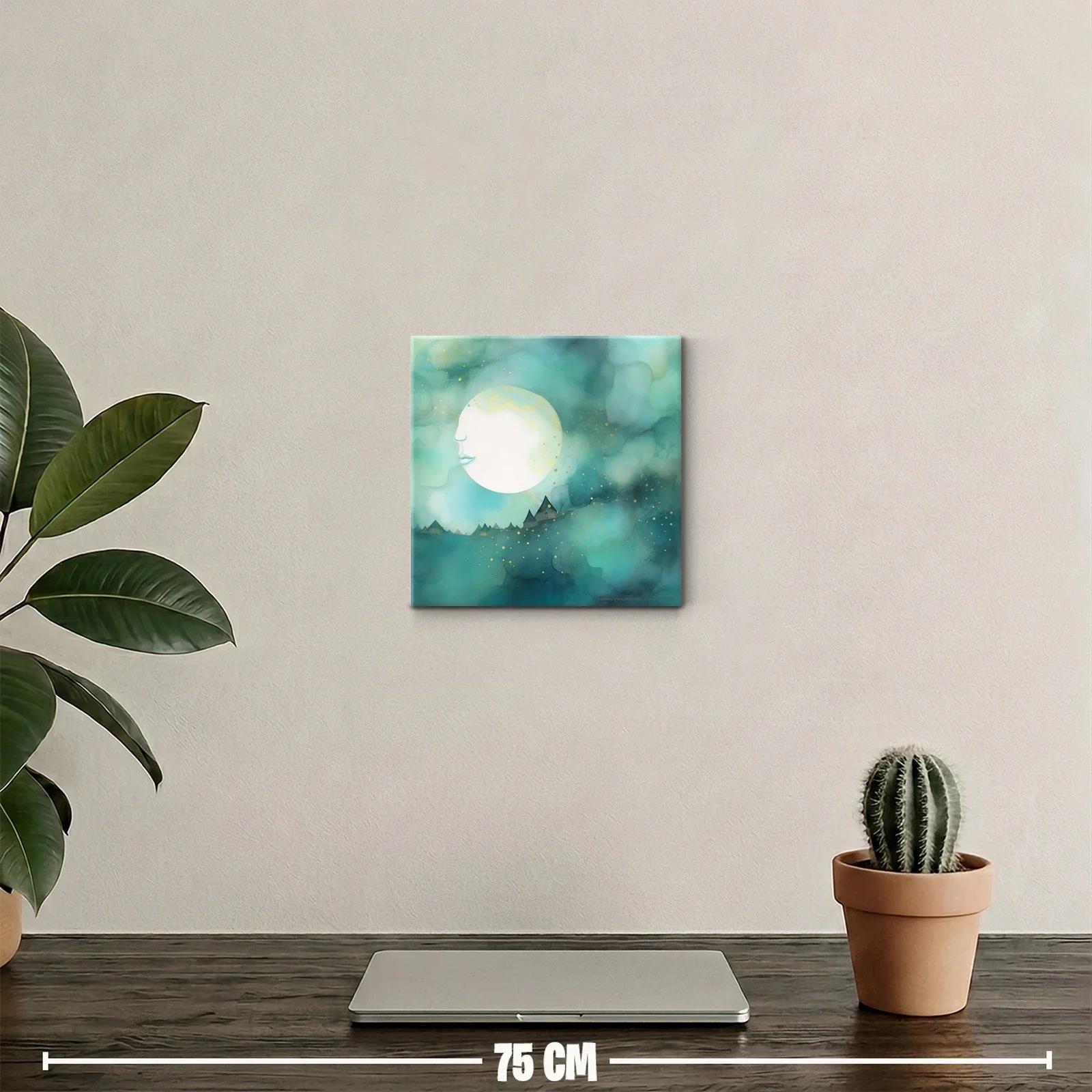 Luna soñadora sobre paisaje etéreo azul y dorado — miniatura 2