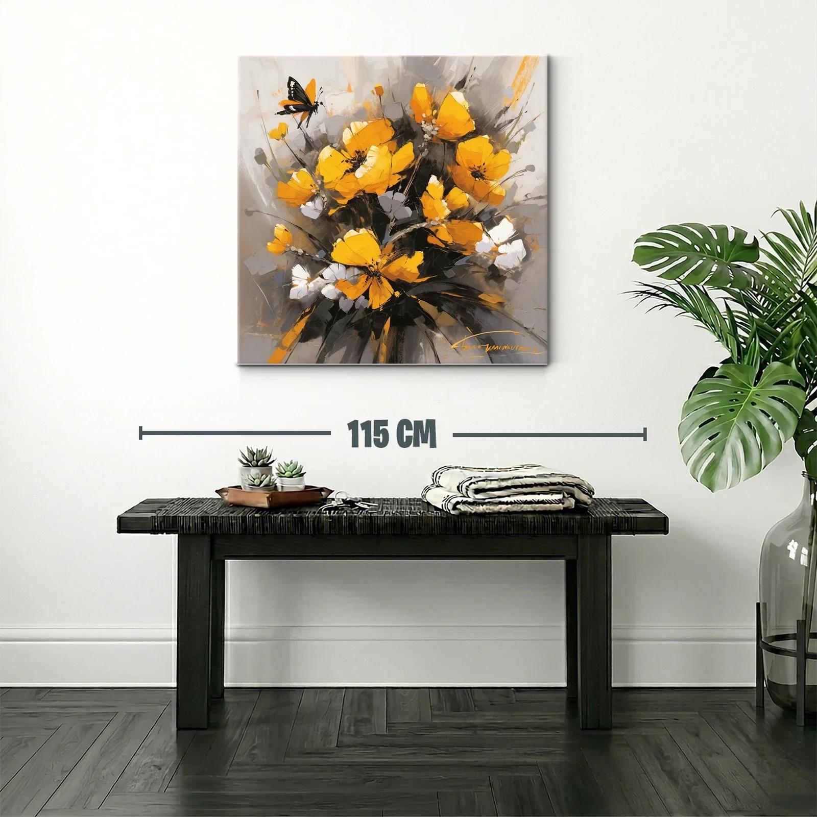 Cuadro floral con mariposas en tonos amarillos y grises — miniatura 2