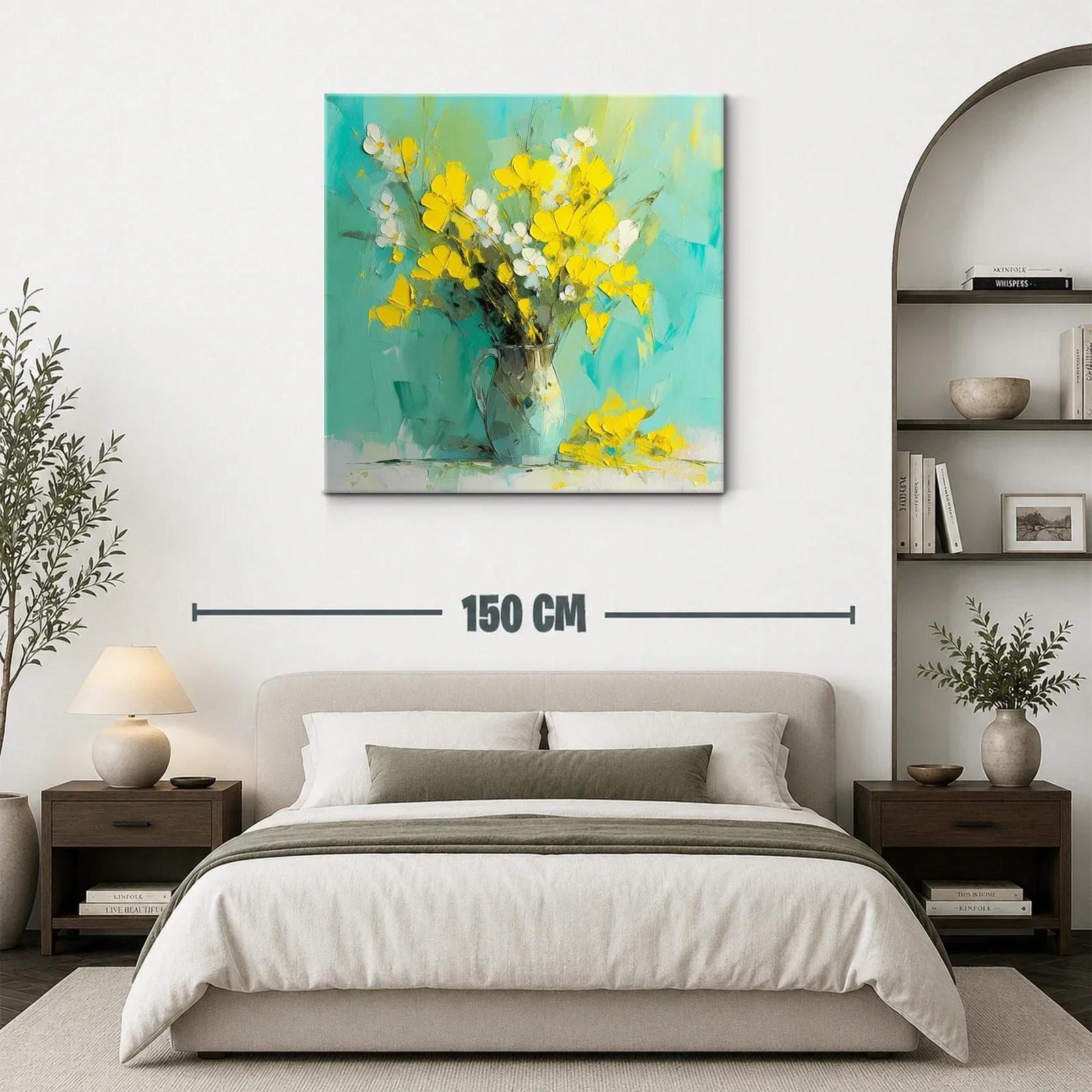 Cuadro flores amarillas sobre fondo turquesa vibrante — miniatura 3