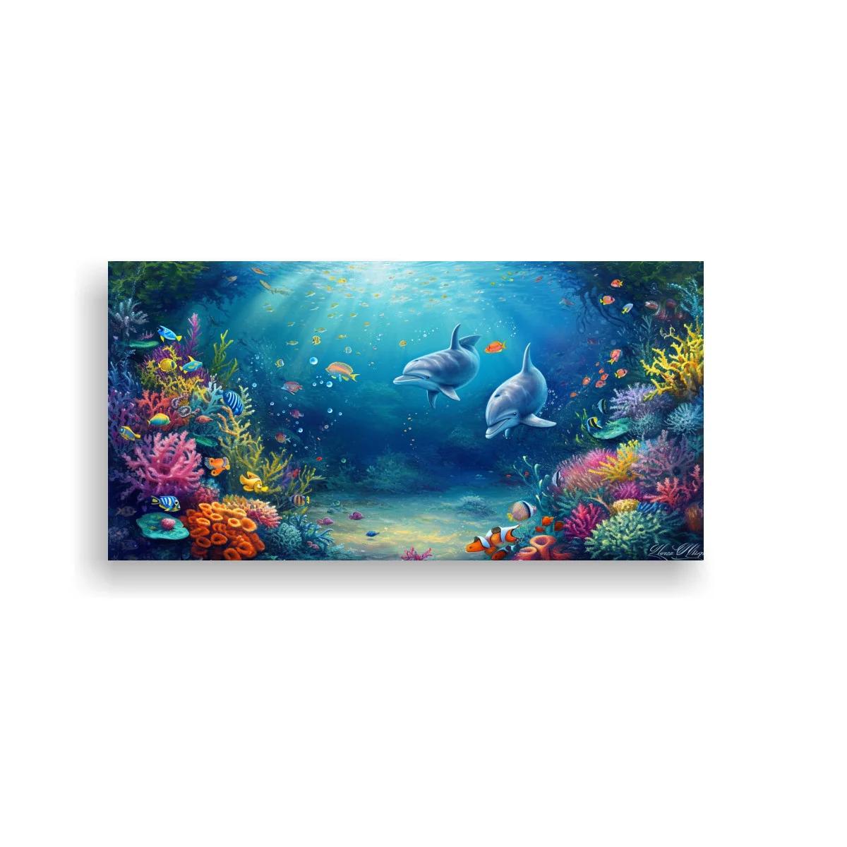 Cuadro delfines entre corales brillantes