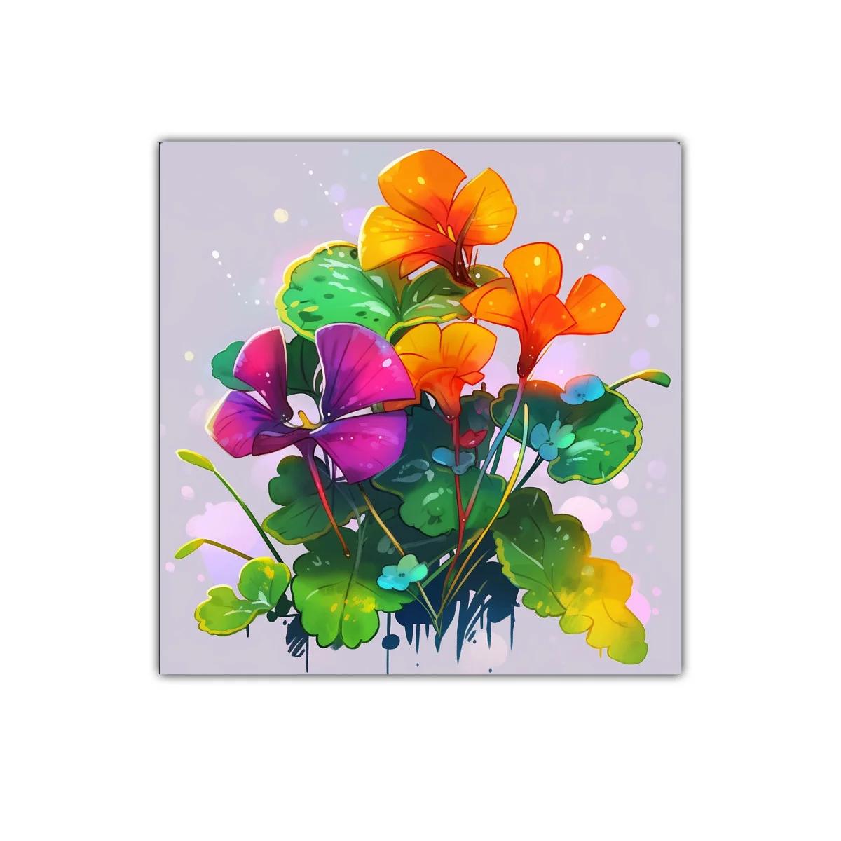 Cuadro floral vibrante con tonos naranjas y púrpuras — imagen principal