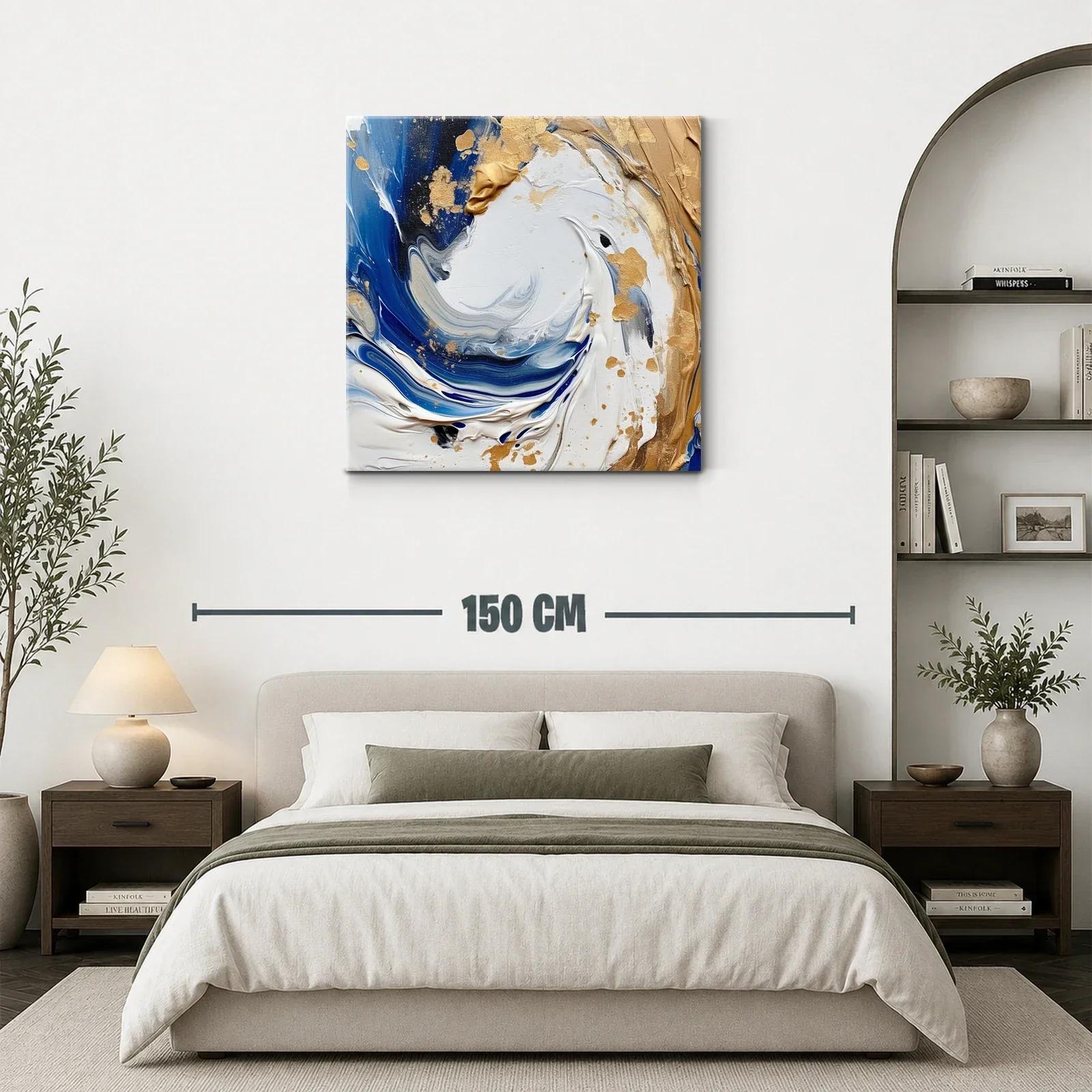 Cuadro abstracto en tonos azules y dorados con textura — miniatura 3