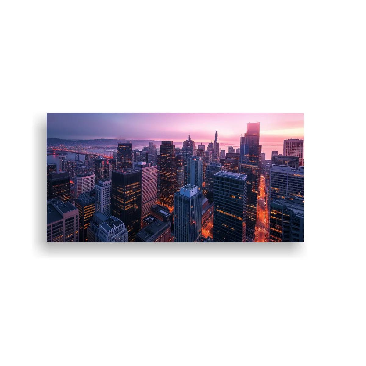 Cuadro skyline urbano al atardecer con bruma ligera