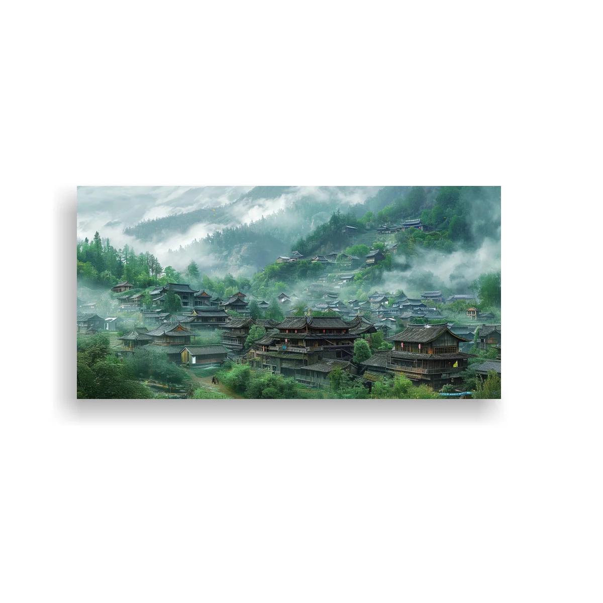 Cuadro pueblo de montaña asiático entre la niebla