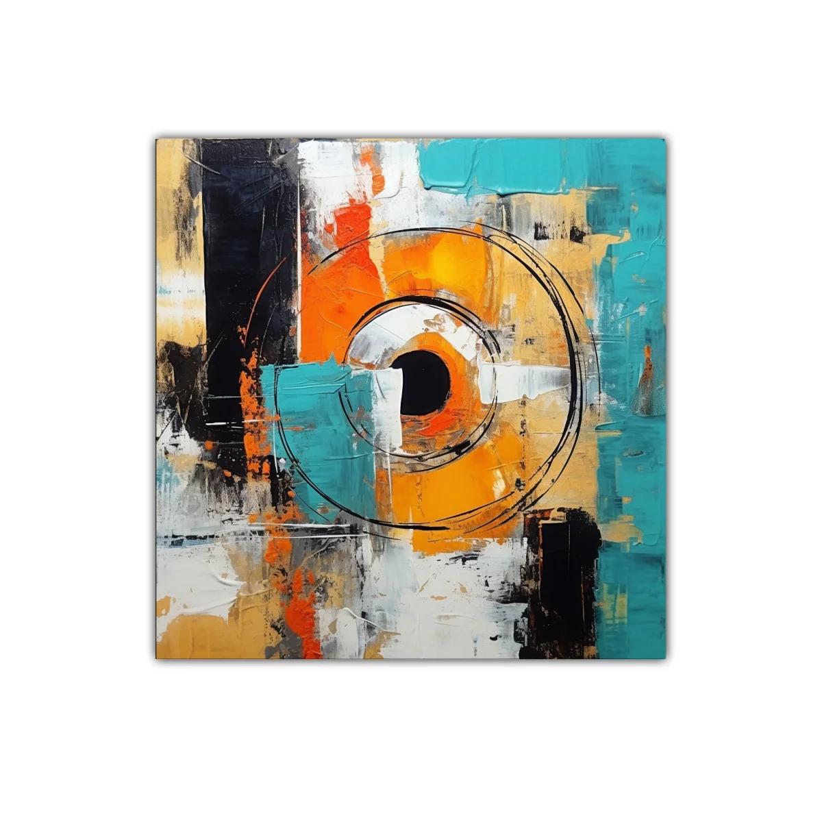 Cuadro abstracto con círculos y tonos vibrantes en azul y naranja