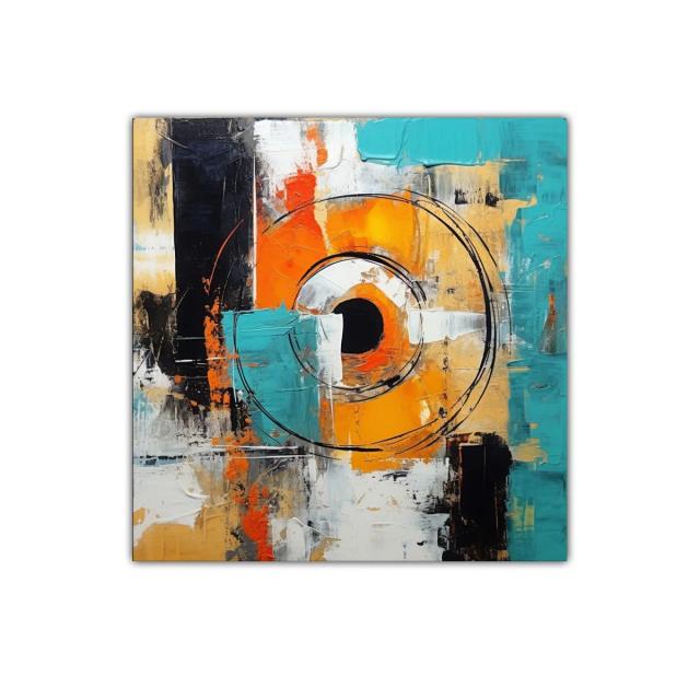 Cuadro abstracto con círculos y tonos vibrantes en azul y naranja