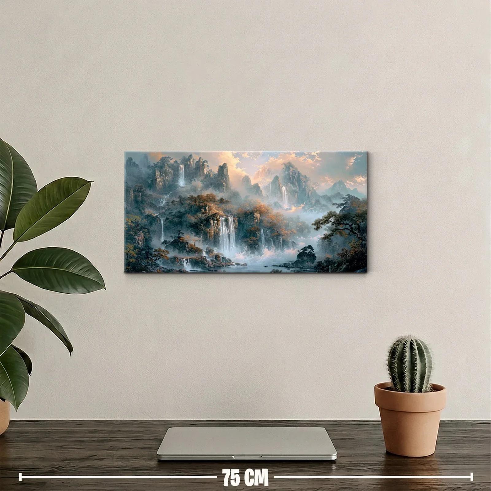 Cuadro paisaje de montañas con cascadas y niebla — miniatura 2