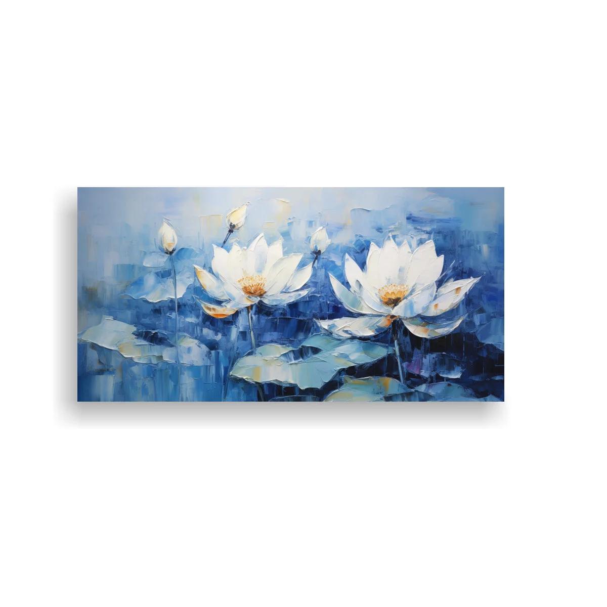 Cuadro flores de loto blancas con capullos y agua azul