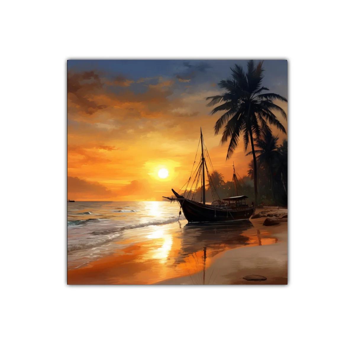 Atardecer en la playa con barco y palmeras — imagen principal