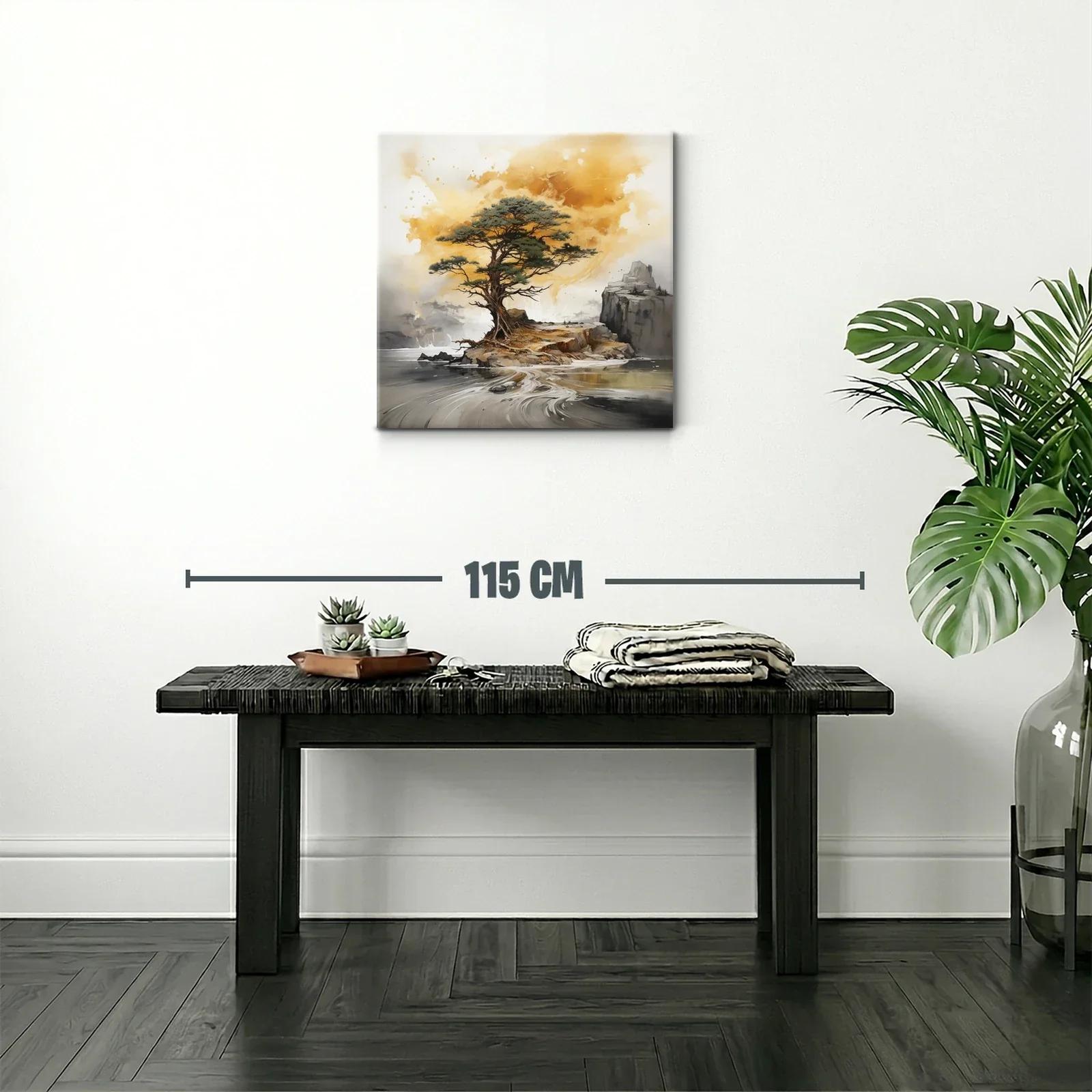 Árbol solitario sobre isla en paisaje sereno y cálido — miniatura 2