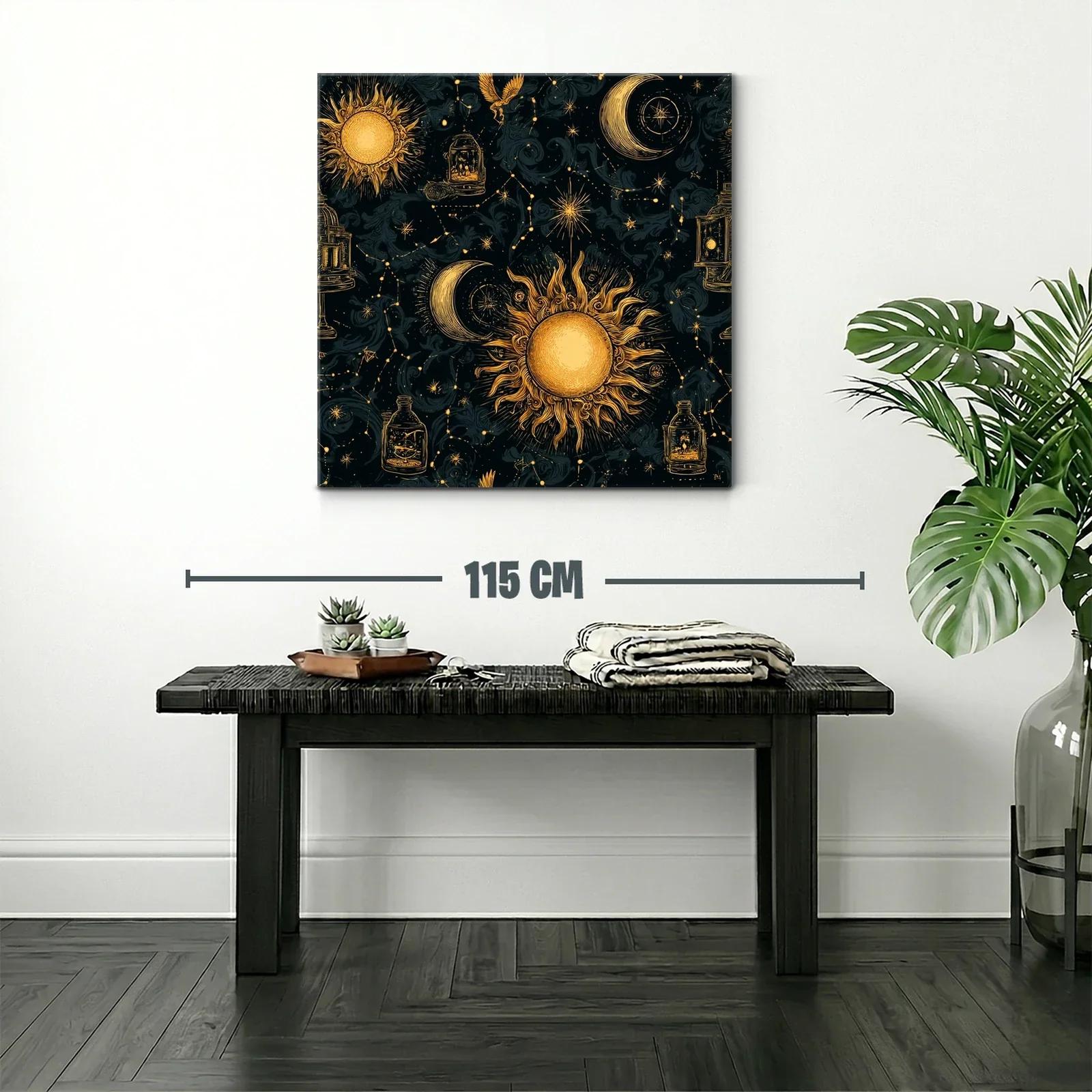 Cuadro celestial con sol y luna en tonos dorados y negros — miniatura 2