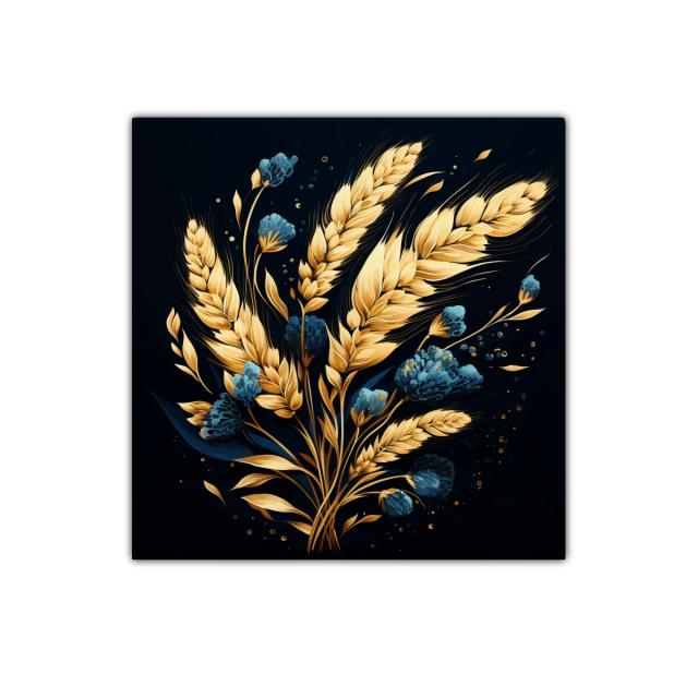 Cuadro decorativo con espigas doradas y flores azules