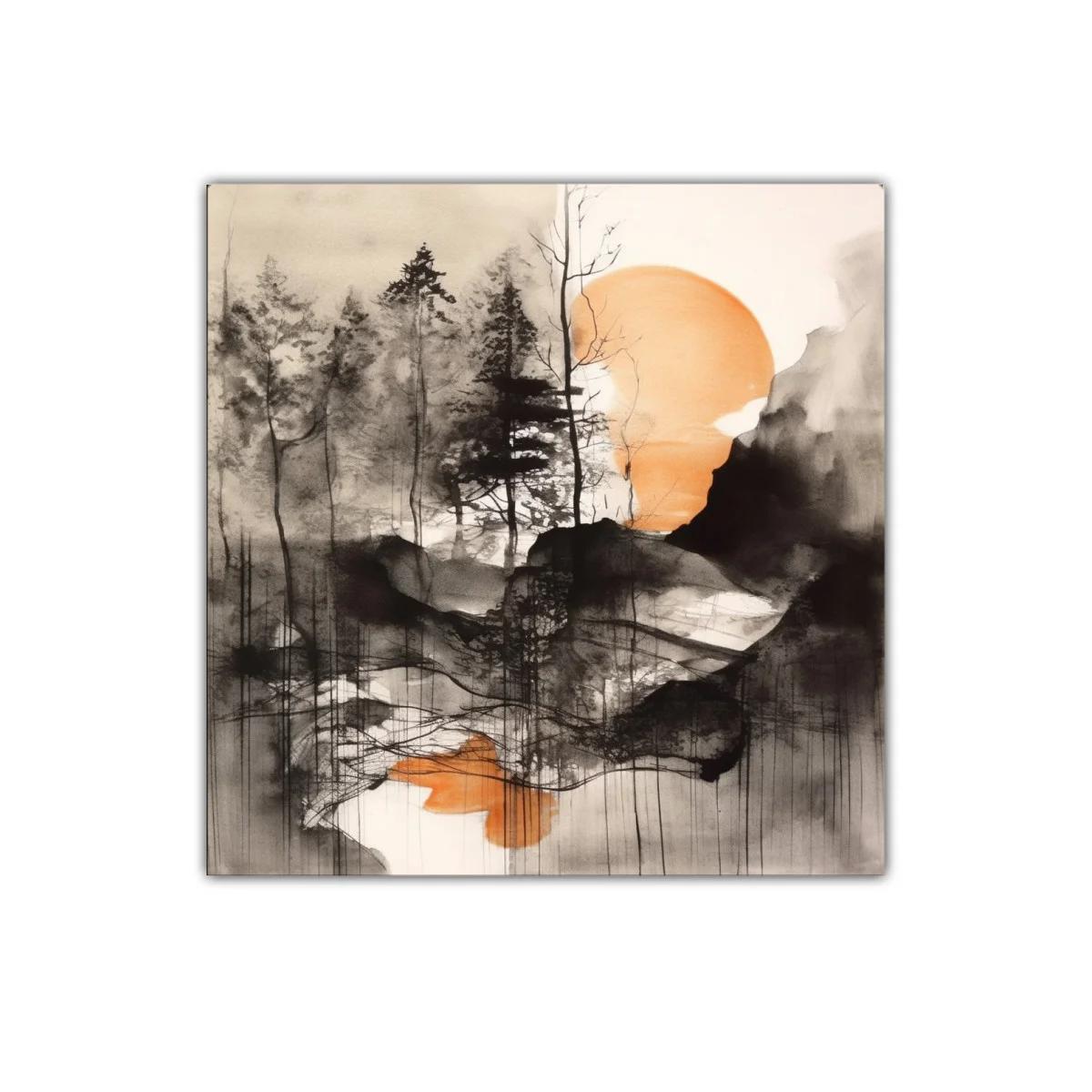 Paisaje abstracto con árboles y sol anaranjado al fondo — imagen principal