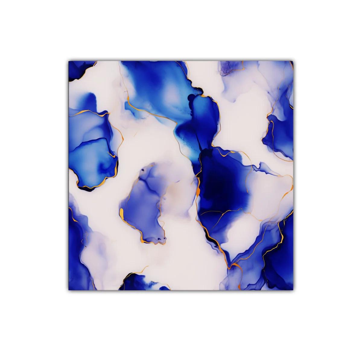 Cuadro decorativo con formas abstractas en tonos azules y dorados