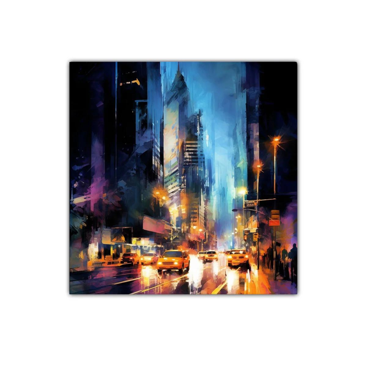 Atardecer vibrante en ciudad con luces y movimiento nocturno
