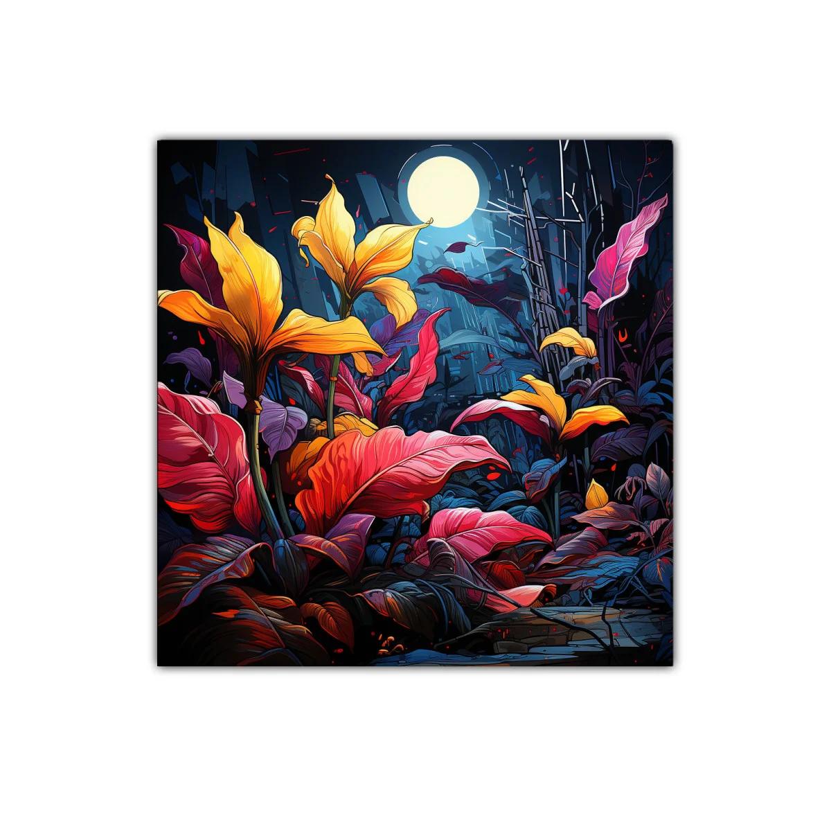 Jardín nocturno vibrante con luna llena y follaje colorido — imagen principal