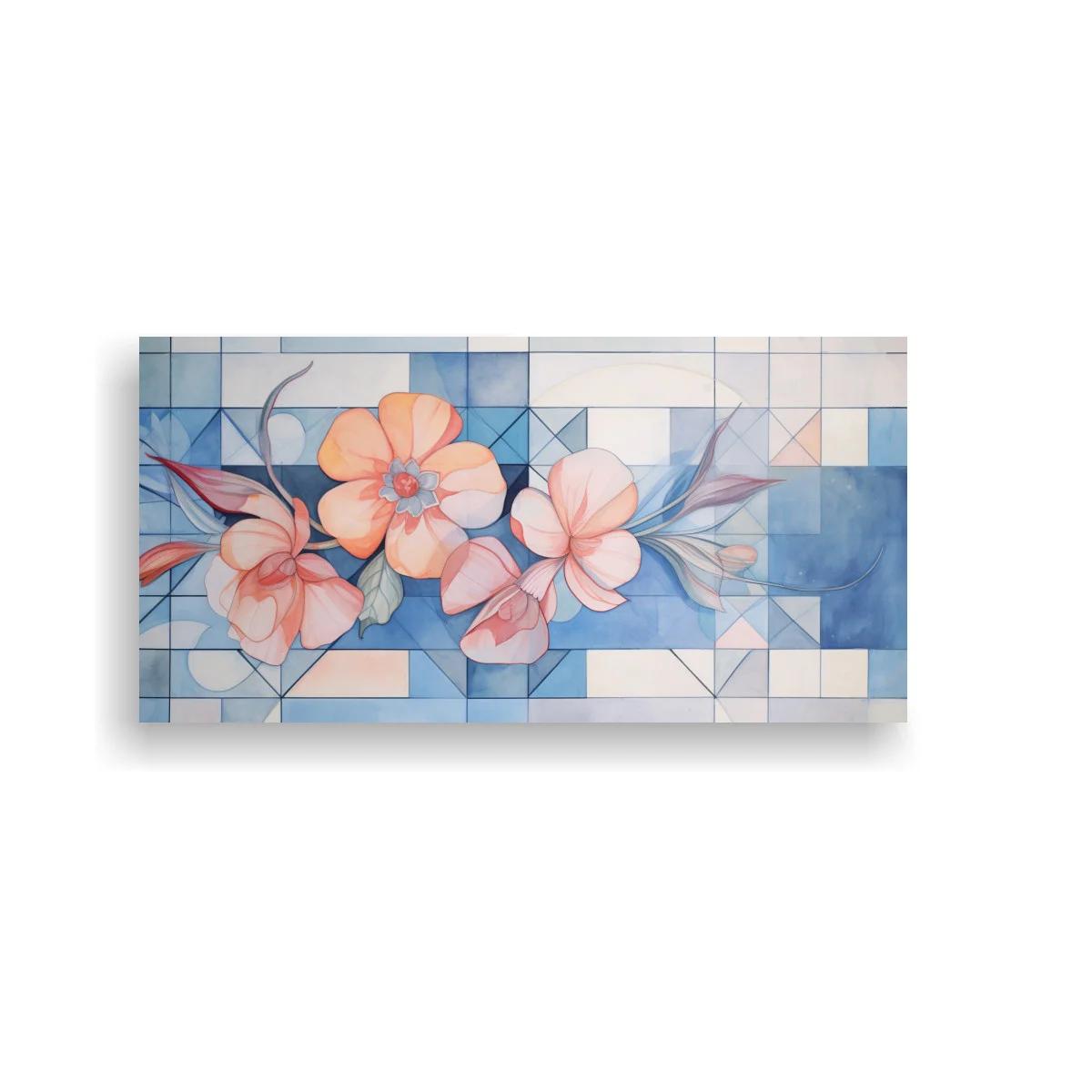 Cuadro flores rosadas con fondo geométrico suave