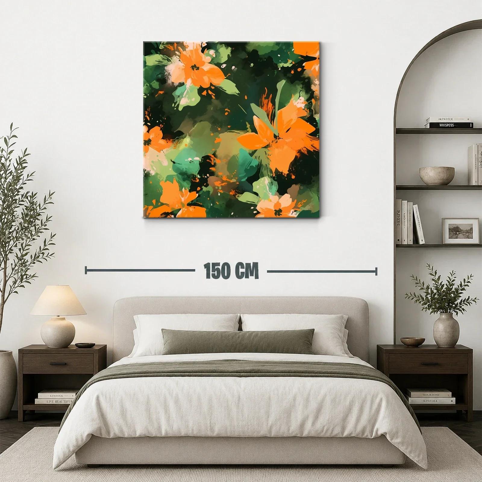 Cuadro abstracto con flores naranja y fondo verde oscuro — miniatura 3