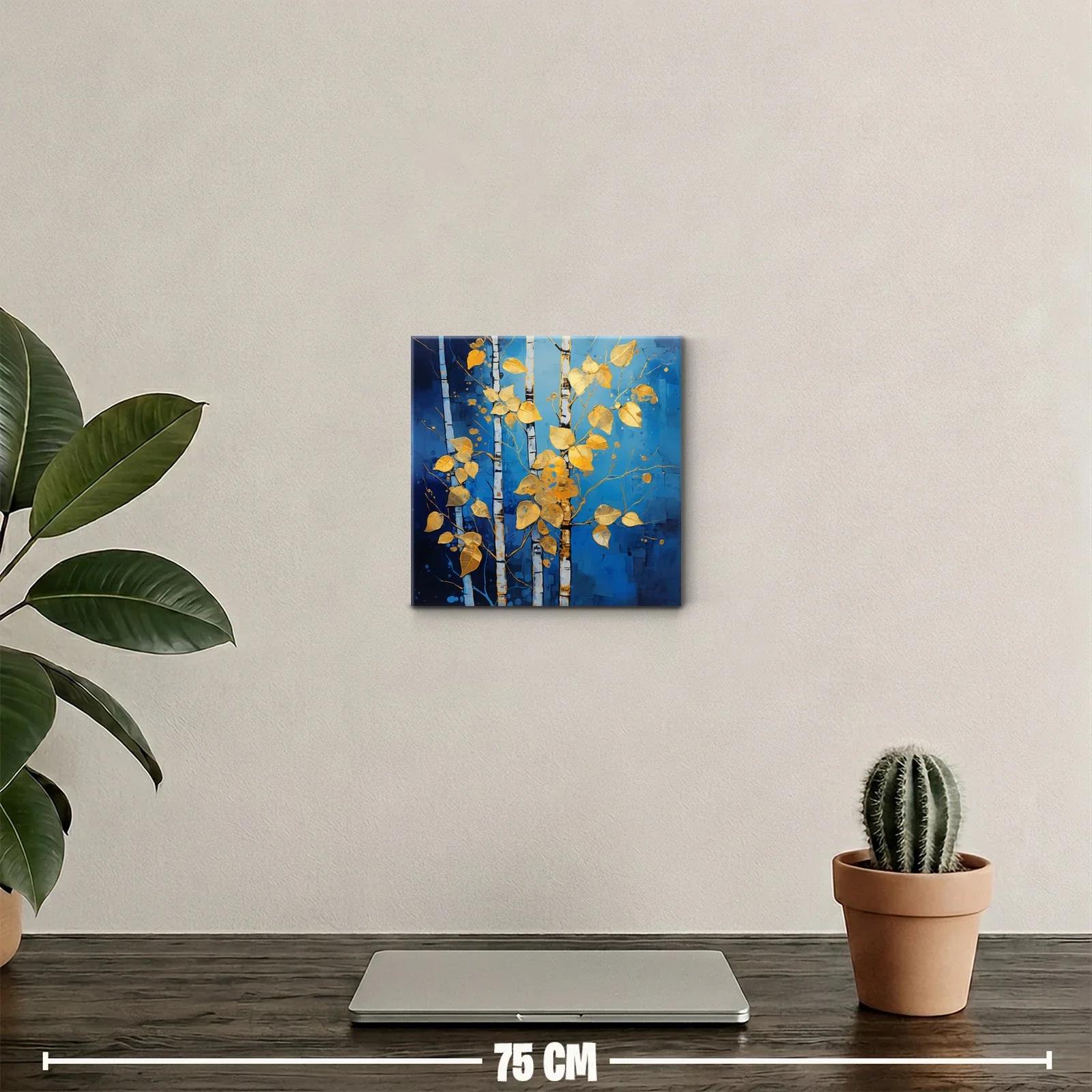 Cuadro decorativo ramas doradas sobre fondo azul intenso — miniatura 2