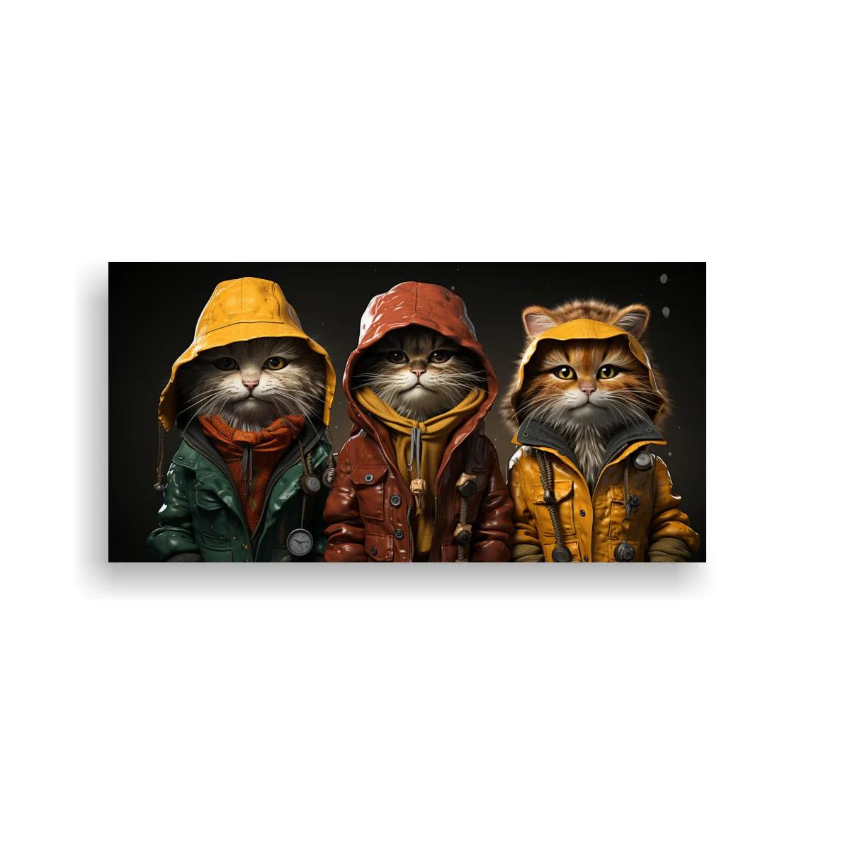 Cuadro tres gatos con chubasqueros y botones