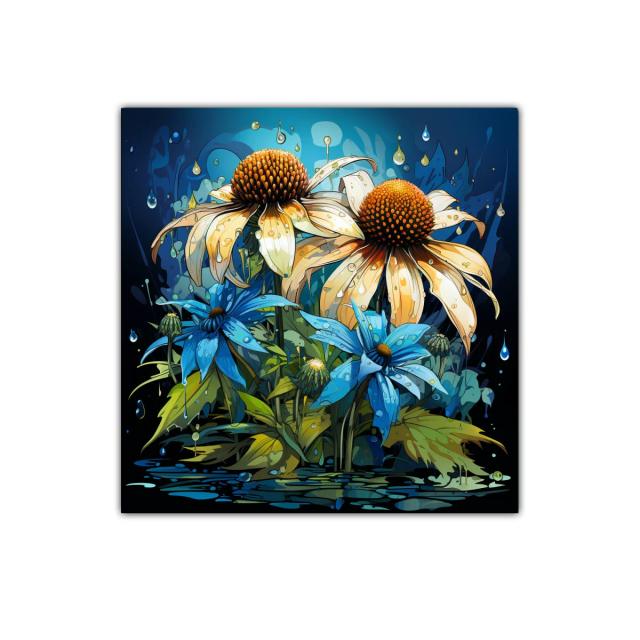 Flores vibrantes con gotas sobre fondo azul oscuro