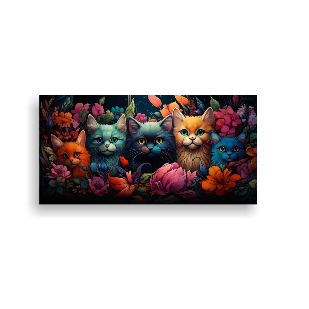 Cuadro cinco gatos entre flores con fondo negro