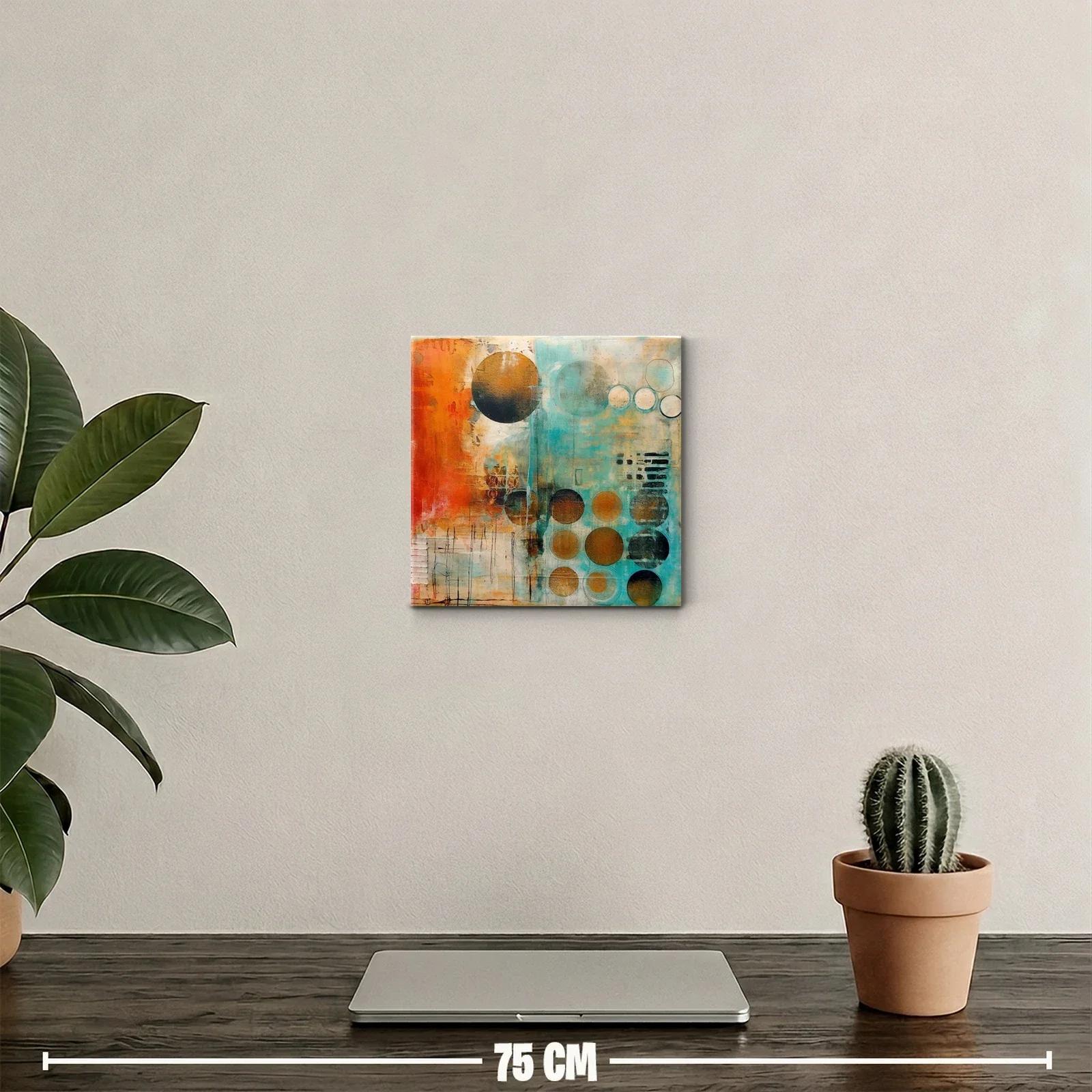 Cuadro abstracto con círculos en tonos cálidos y turquesa — miniatura 2