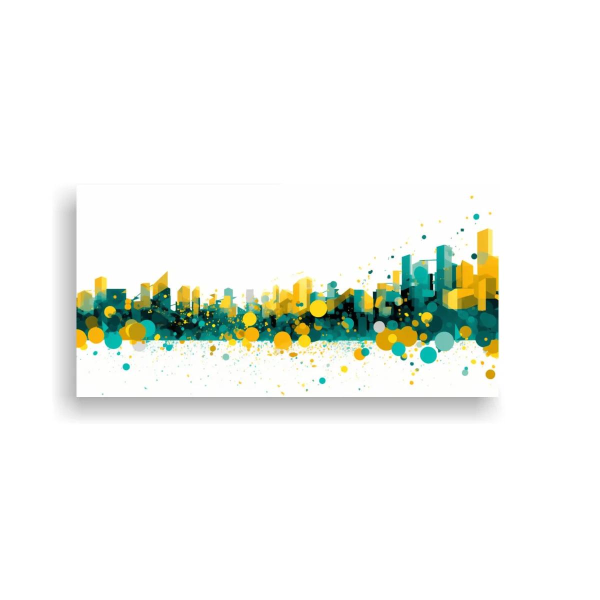 Cuadro skyline urbano abstracto con salpicaduras doradas — imagen principal