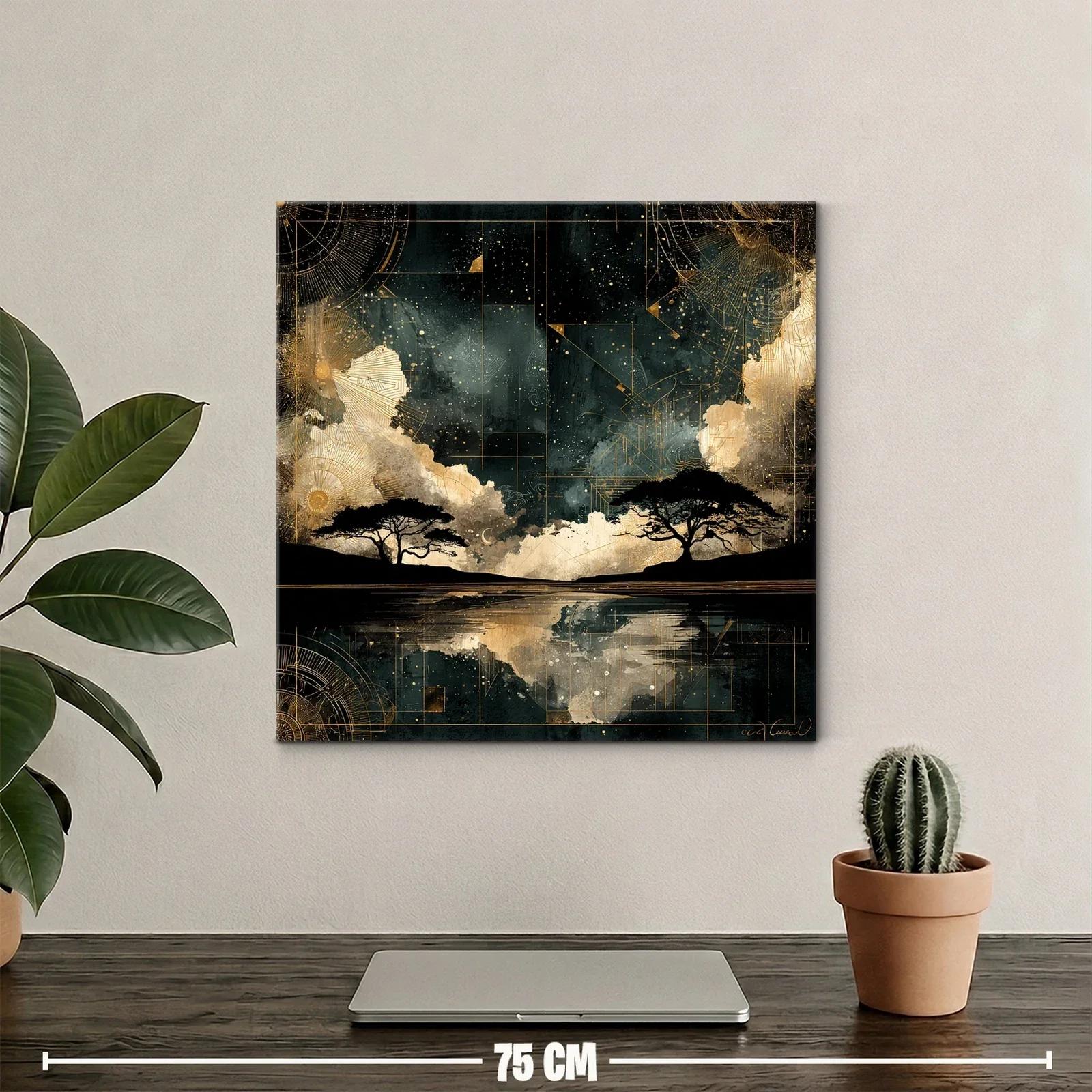 Paisaje nocturno con árboles y reflejos dorados — miniatura 2