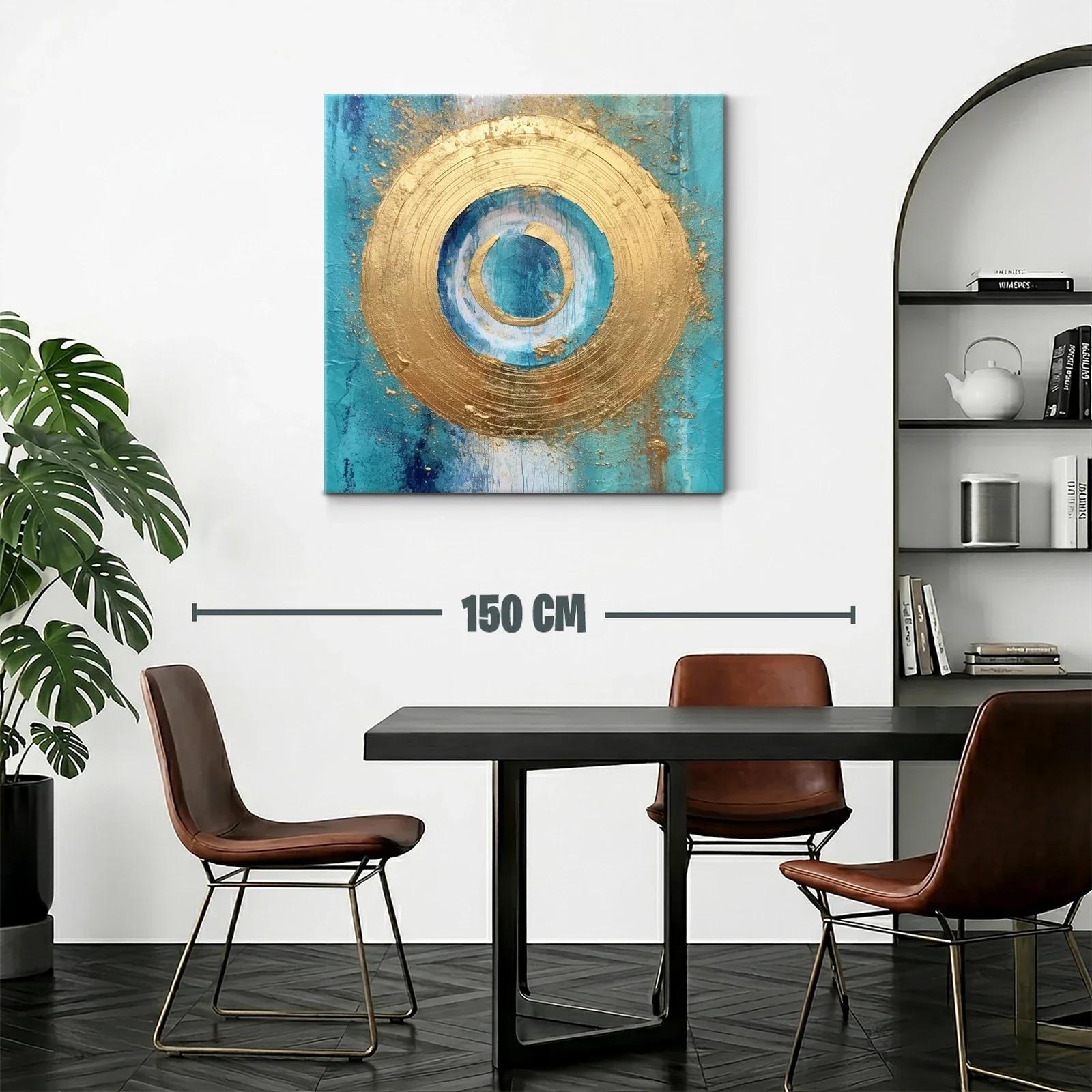 Cuadro abstracto con círculos dorados y fondo turquesa — miniatura 2