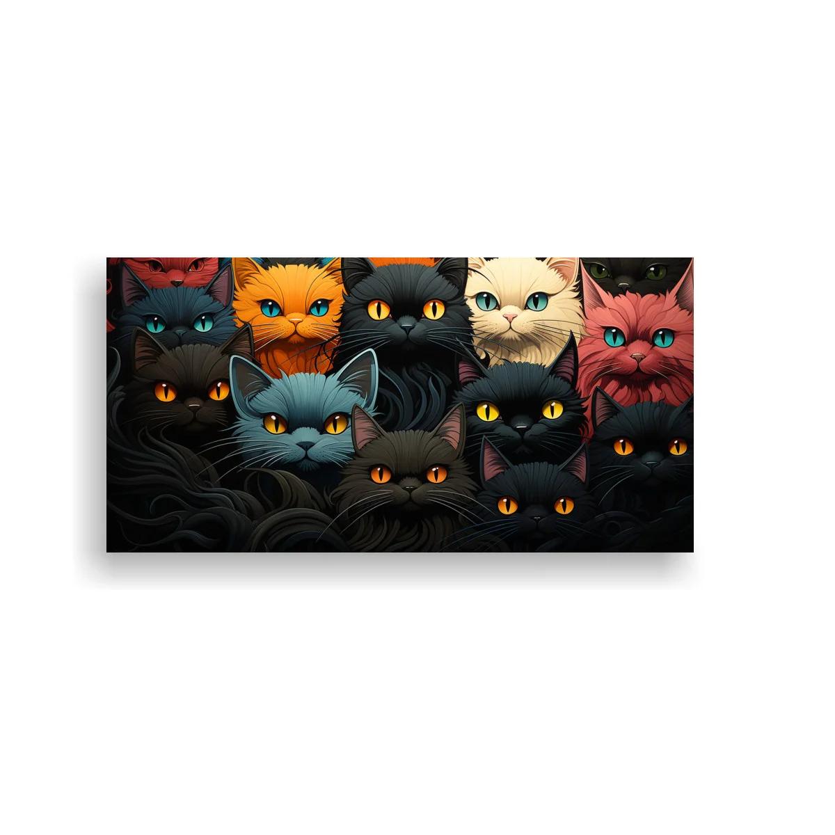 Cuadro grupo de gatos de ojos brillantes sobre fondo oscuro