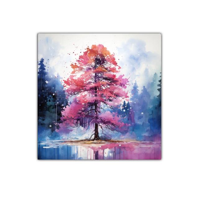 Árbol vibrante en tonos morados y rosas sobre lago tranquilo