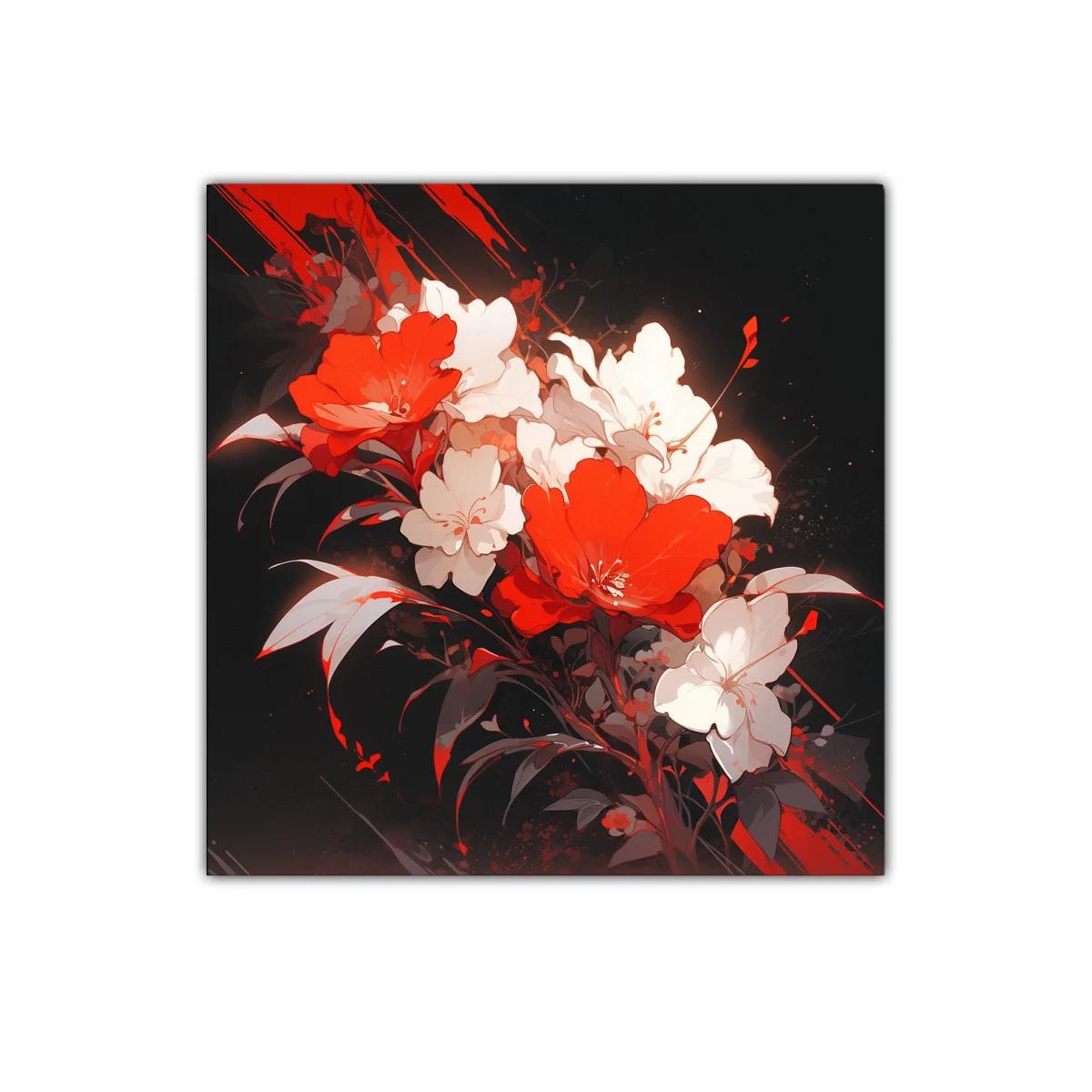 Composición floral vibrante en rojos y blancos sobre fondo oscuro — imagen principal