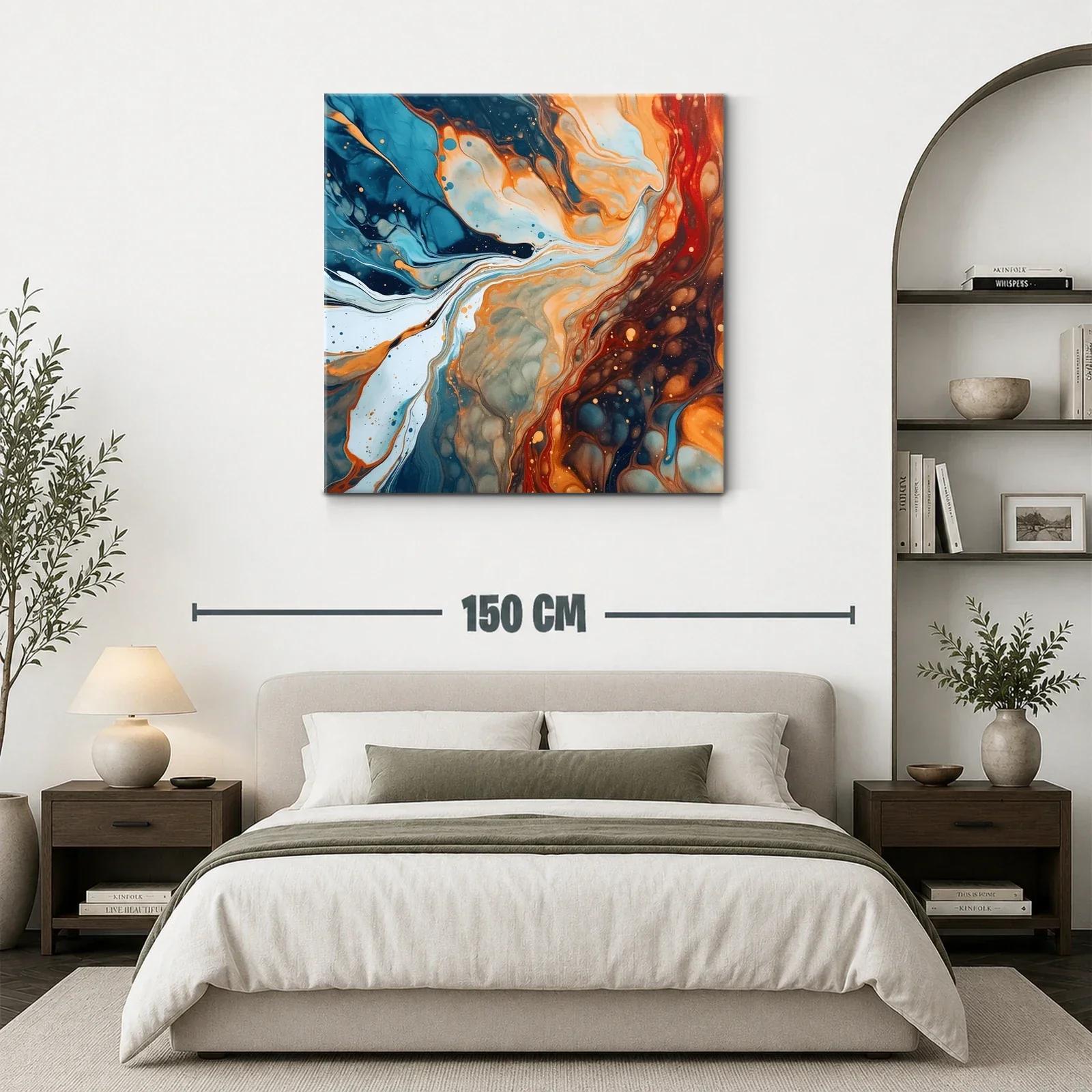 Cuadro abstracto de flujos en tonos azul y naranja intenso — miniatura 3